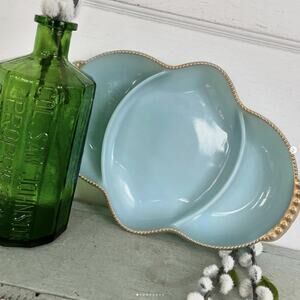 Vintage Delphite Blue Divided Milk Glass Dish USA FireKing Oven Ware Beaded Rim
